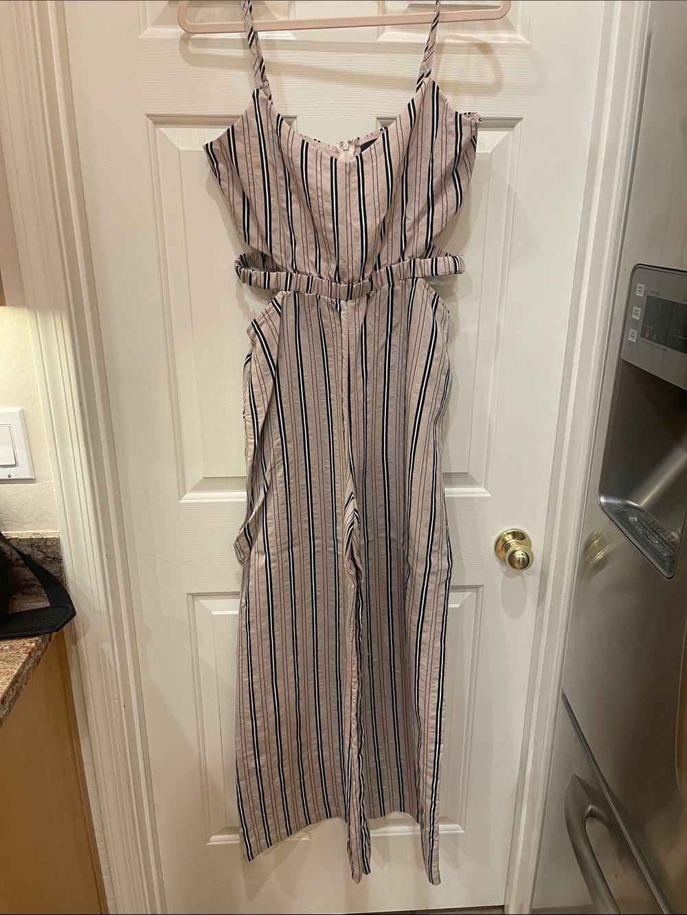Striped Wide-Leg Jumpsuit in Beige and Black S:L